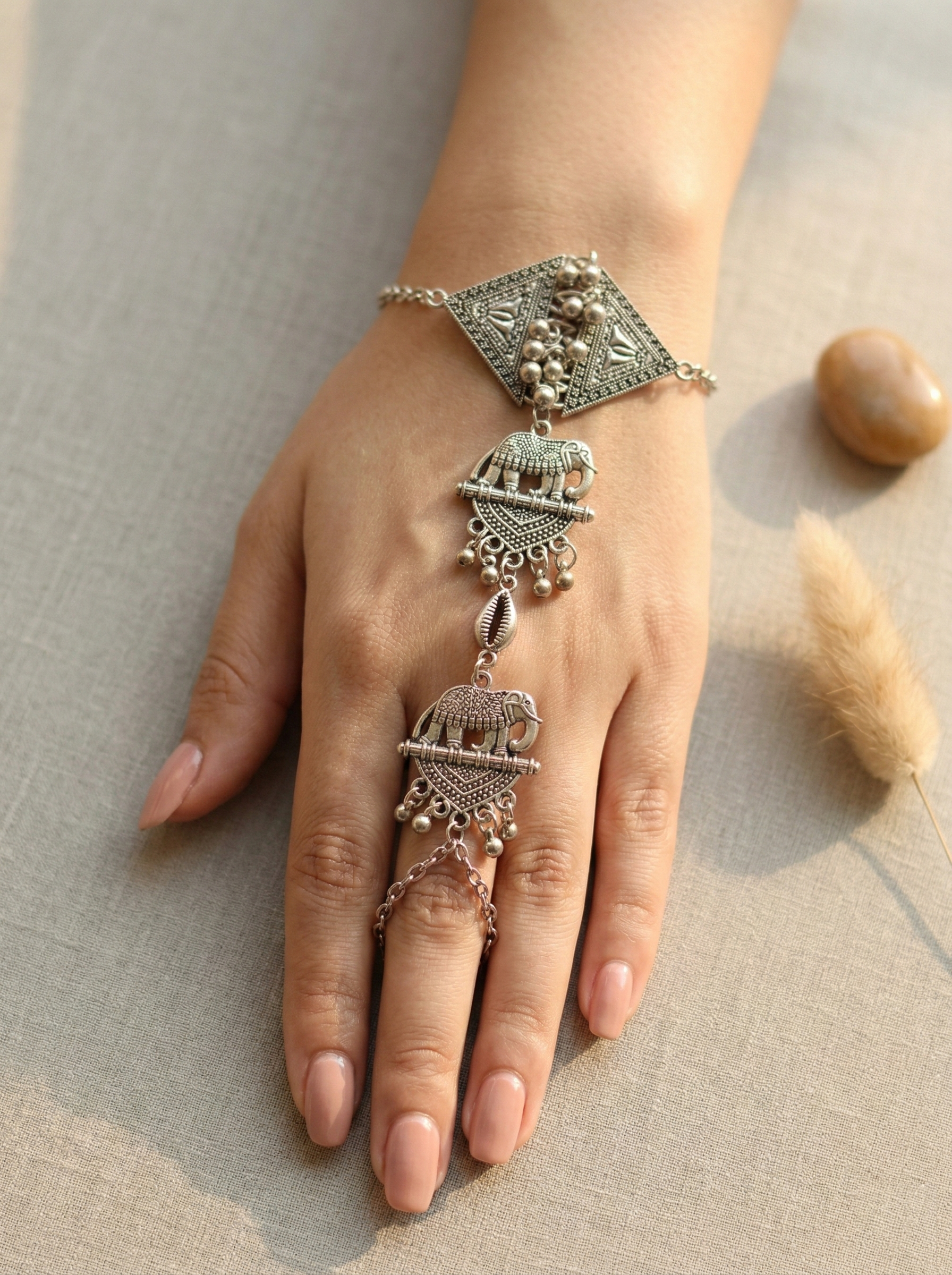 Ethnic Oxidized Silver Elephant Motif Haath Phool with Ghungroo Accents