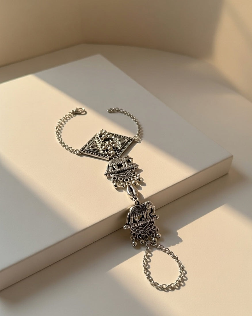 Ethnic Oxidized Silver Elephant Motif Haath Phool with Ghungroo Accents