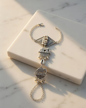 Ethnic Oxidized Silver Elephant Motif Haath Phool with Ghungroo Accents