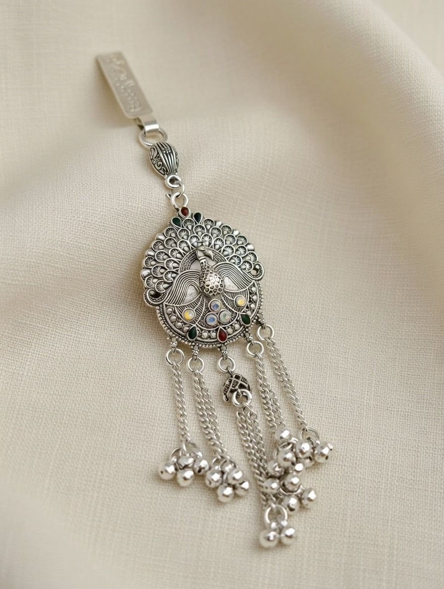 Ethnic Oxidized Silver Peacock Challa with Ghungroo Hangings