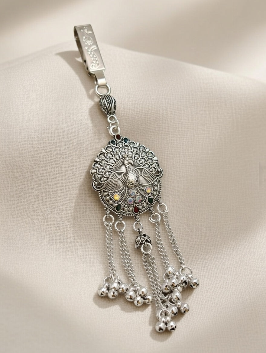 Ethnic Oxidized Silver Peacock Challa with Ghungroo Hangings