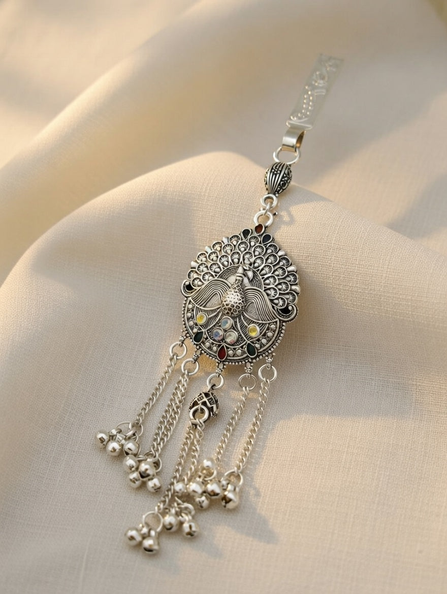 Ethnic Oxidized Silver Peacock Challa with Ghungroo Hangings