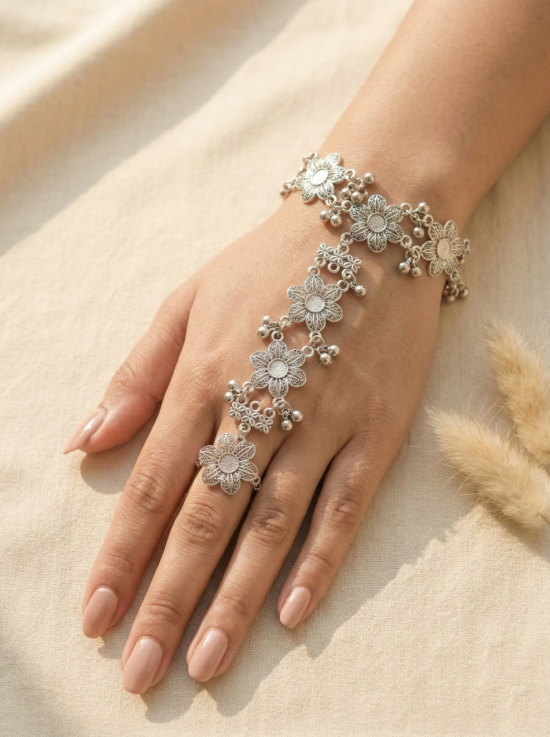 Ethnic Silver Oxidised Floral Hathphool Traditional Hand Harness with Ghungroo