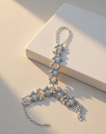 Ethnic Silver Oxidised Floral Hathphool Traditional Hand Harness with Ghungroo
