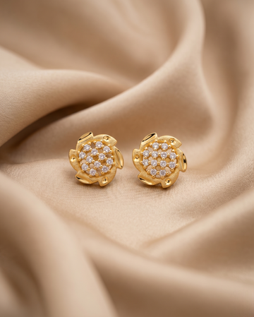 Elegant 22kt Gold Plated Floral Stud Earrings with Sparkling Zirconia Crystals | VIHAL ORNAMENTS