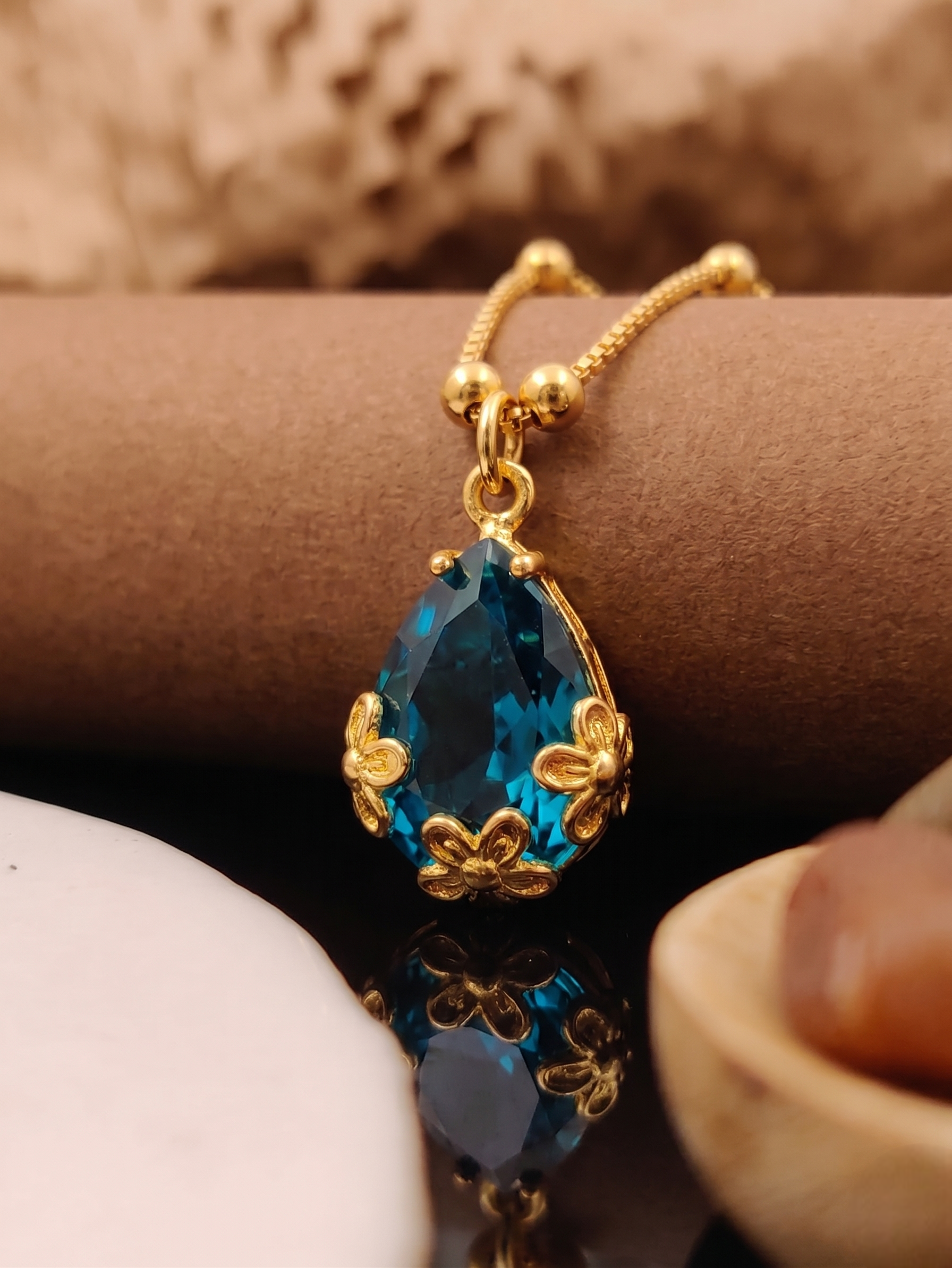 Vihal Ornaments Elegant Ruby Blue Crystal Pendant Necklace Set with Matching Drop Earrings