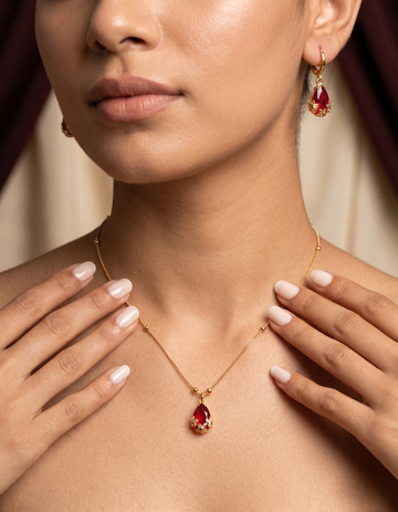 Vihal Ornaments Elegant Ruby Red Crystal Pendant Necklace Set with Matching Drop Earrings