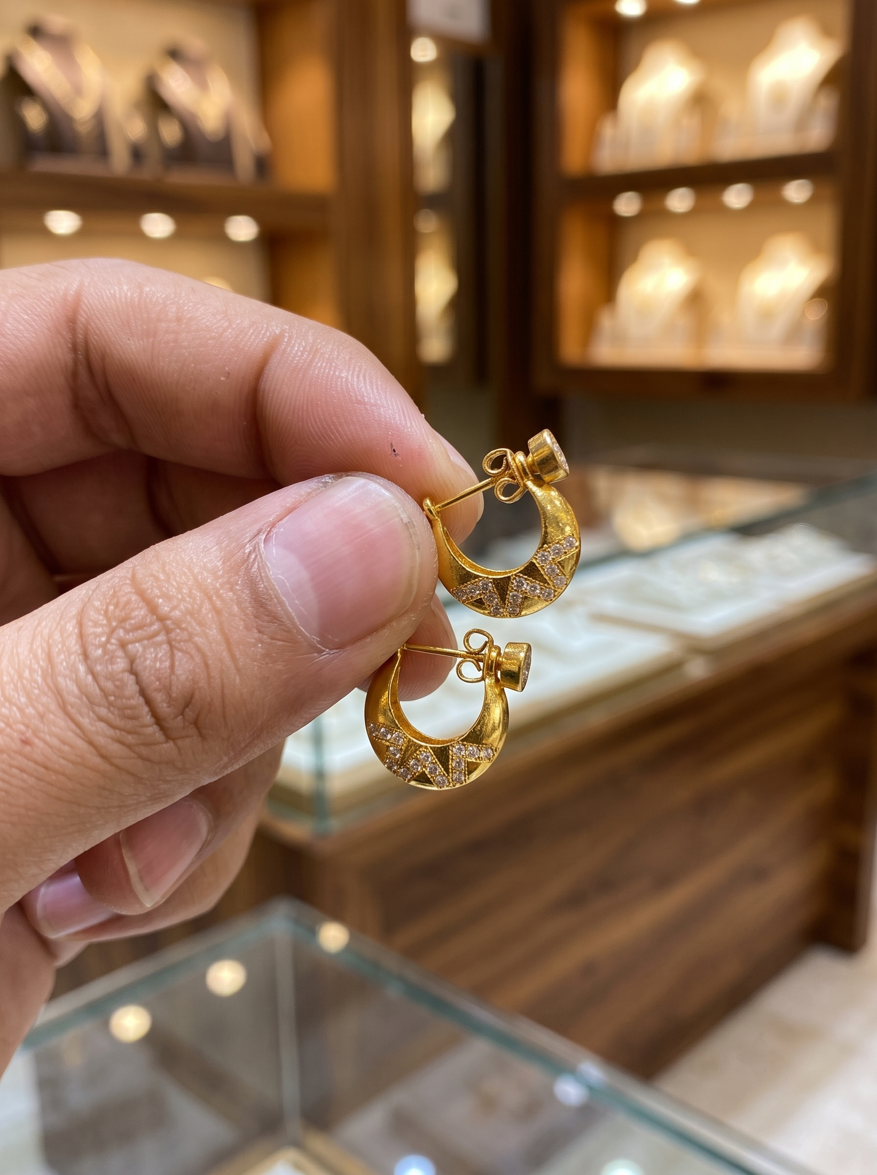 18K Gold Plated Chevron Pavé Gold Huggie Hoop Earrings with Textured Finish