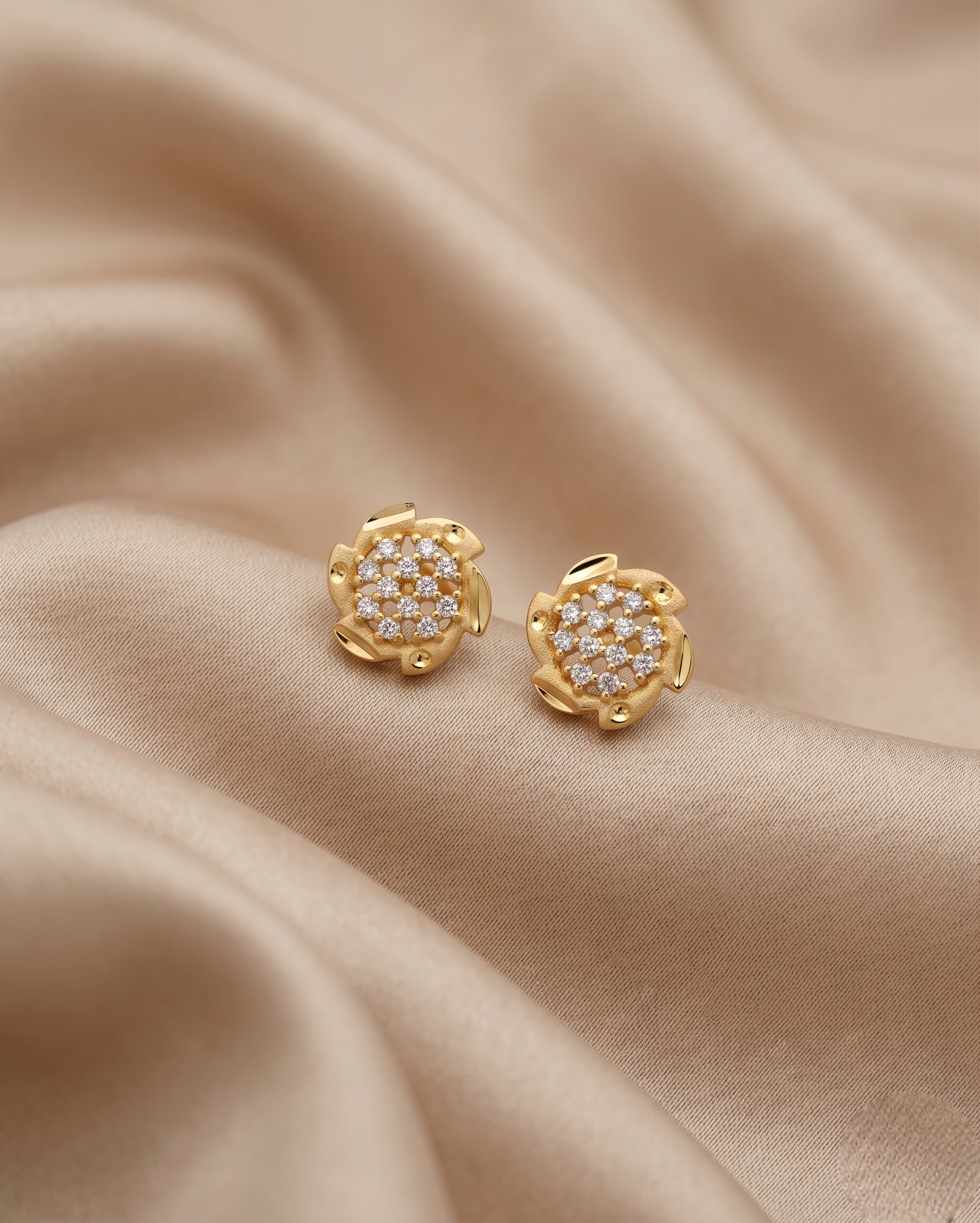 Elegant 22kt Gold Plated Floral Stud Earrings with Sparkling Zirconia Crystals | VIHAL ORNAMENTS