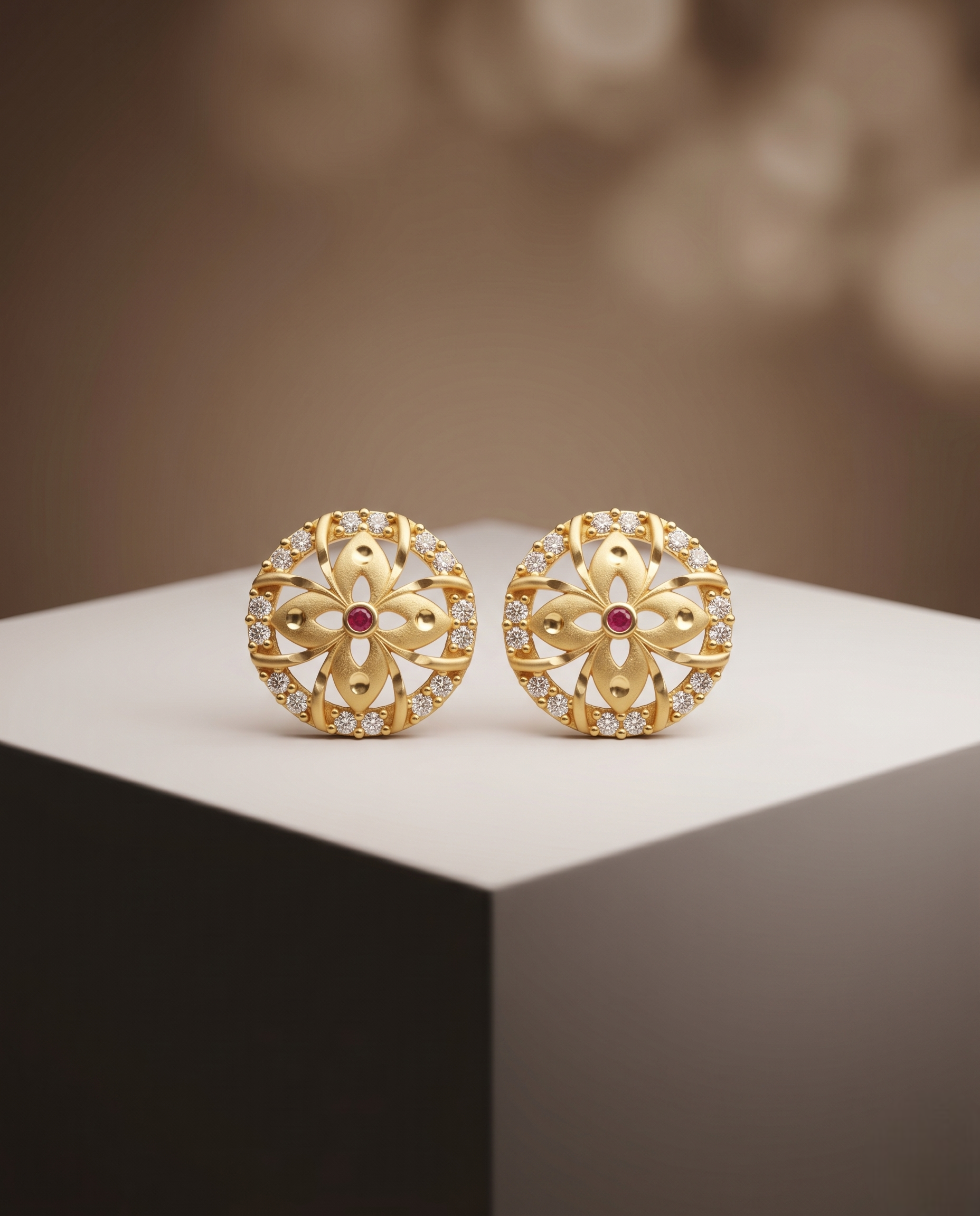 Regal 22kt Gold Plated Mandala Floral Stud Earrings with Ruby and CZ Halo | VIHAL ORNAMENTS