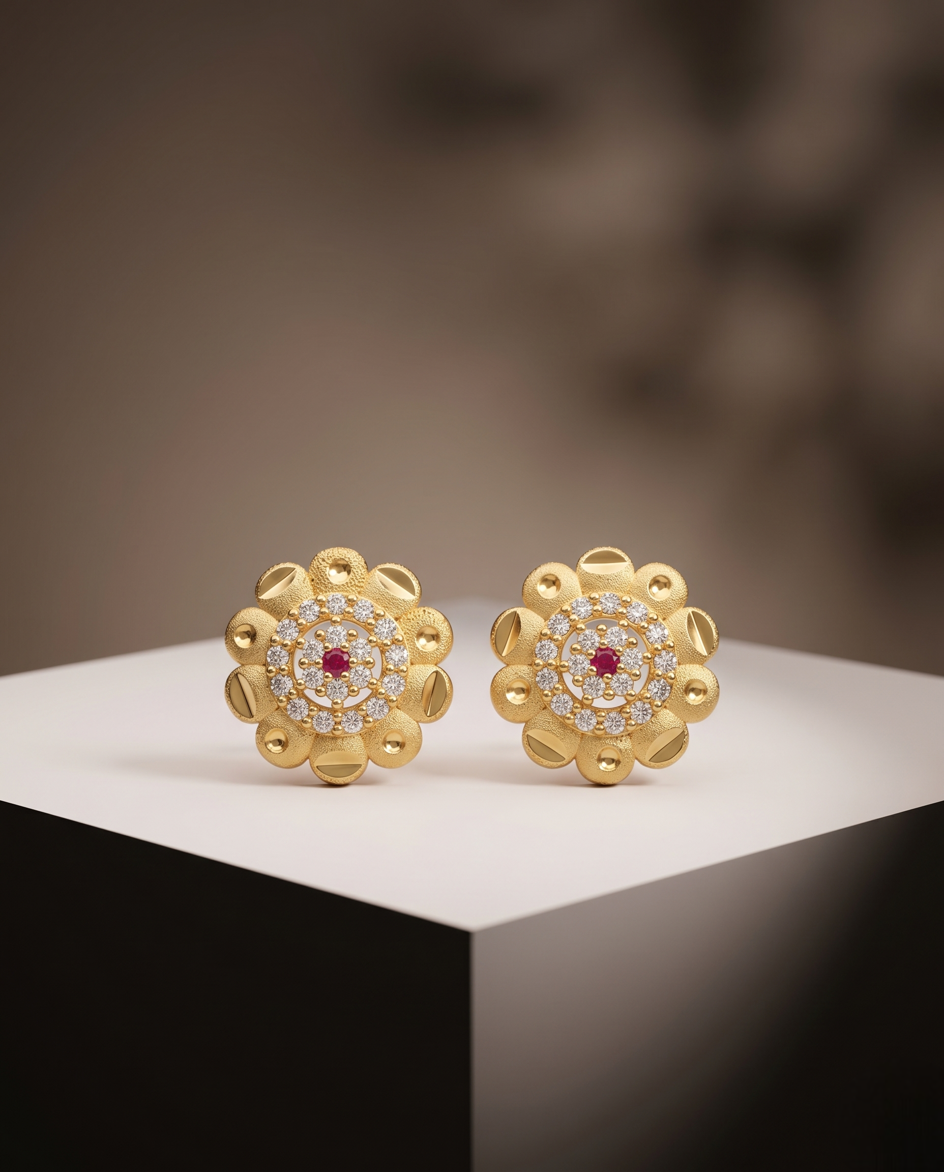 Luxury 22kt Gold Plated Daisy Floral Stud Earrings with Ruby and CZ Crystal Clusters | VIHAL ORNAMENTS