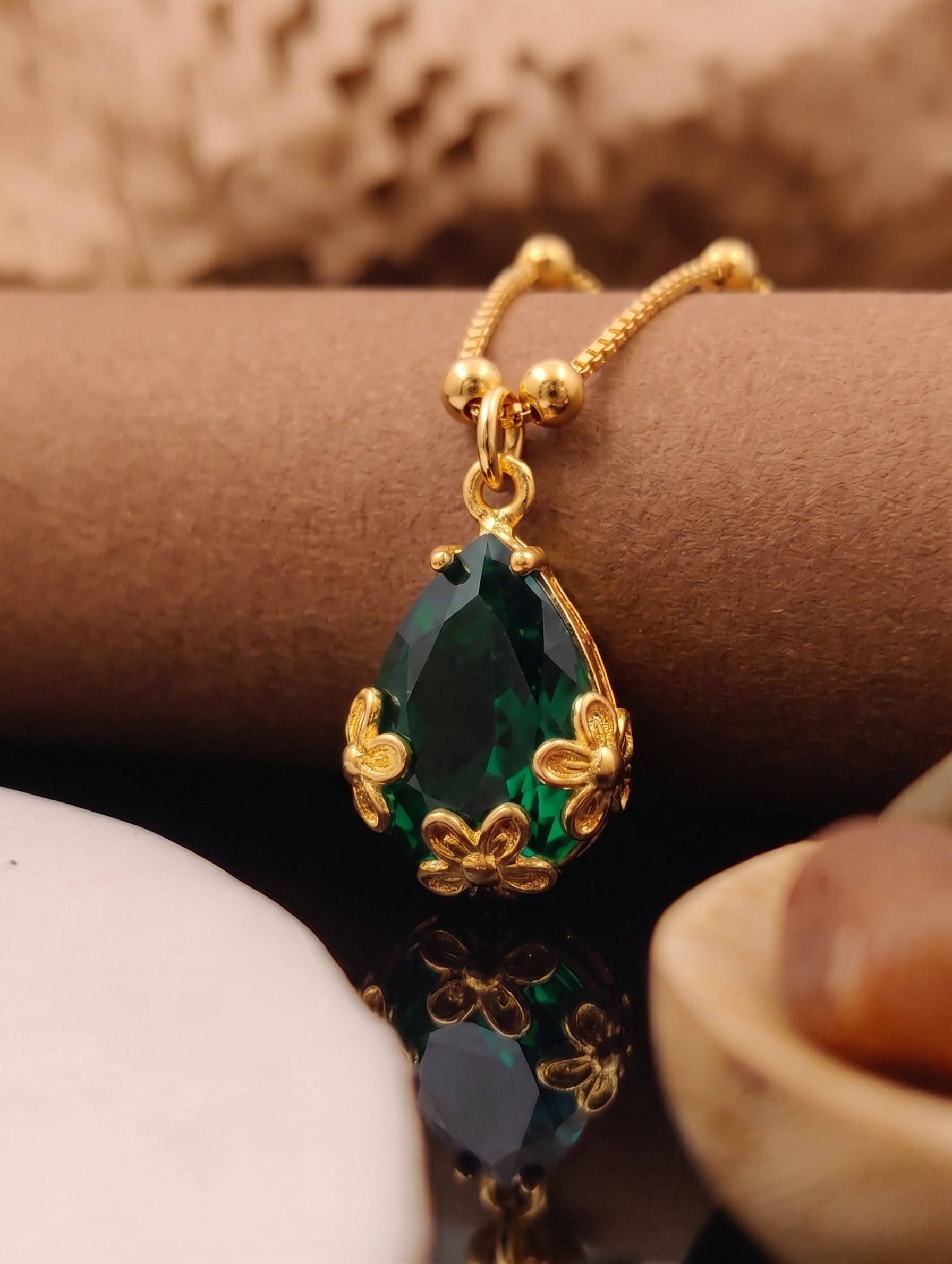 Vihal Ornaments Elegant Ruby Green Crystal Pendant Necklace Set with Matching Drop Earrings