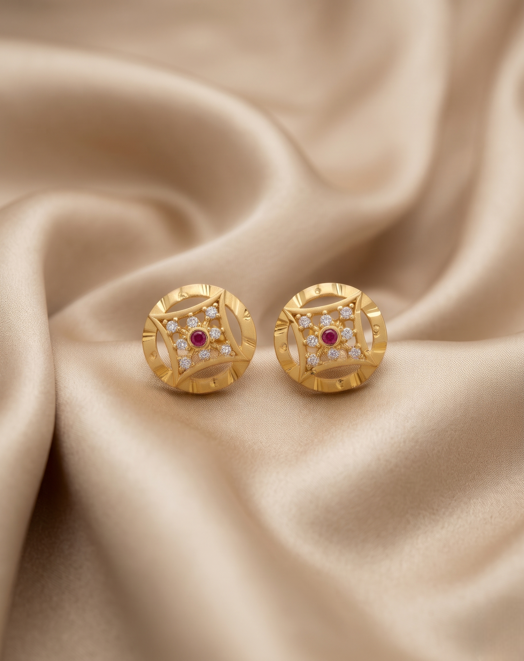 Sophisticated 22kt Gold Plated Geometric Wheel Stud Earrings with Ruby and CZ Accents | VIHAL ORNAMENTS