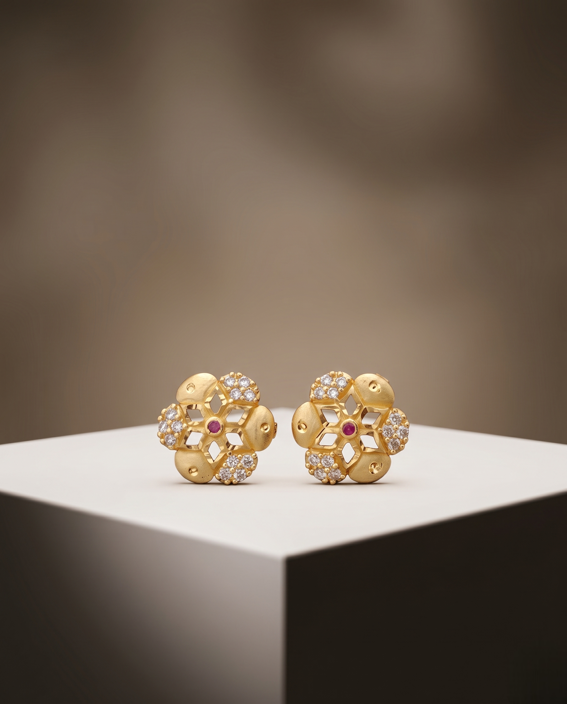 Exquisite 22kt Gold Plated Floral Stud Earrings with Ruby and Zirconia Accents | VIHAL ORNAMENTS