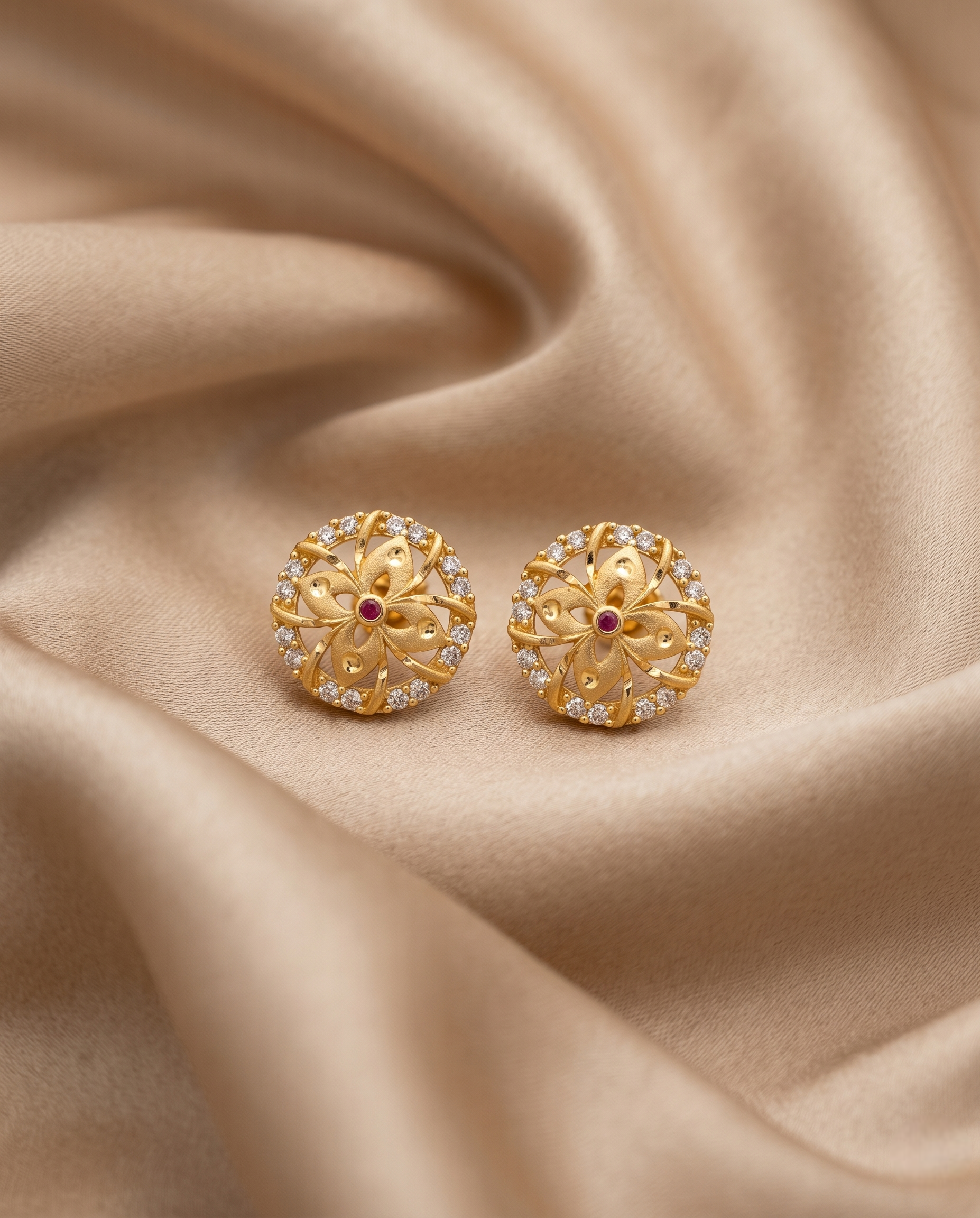 Regal 22kt Gold Plated Mandala Floral Stud Earrings with Ruby and CZ Halo | VIHAL ORNAMENTS