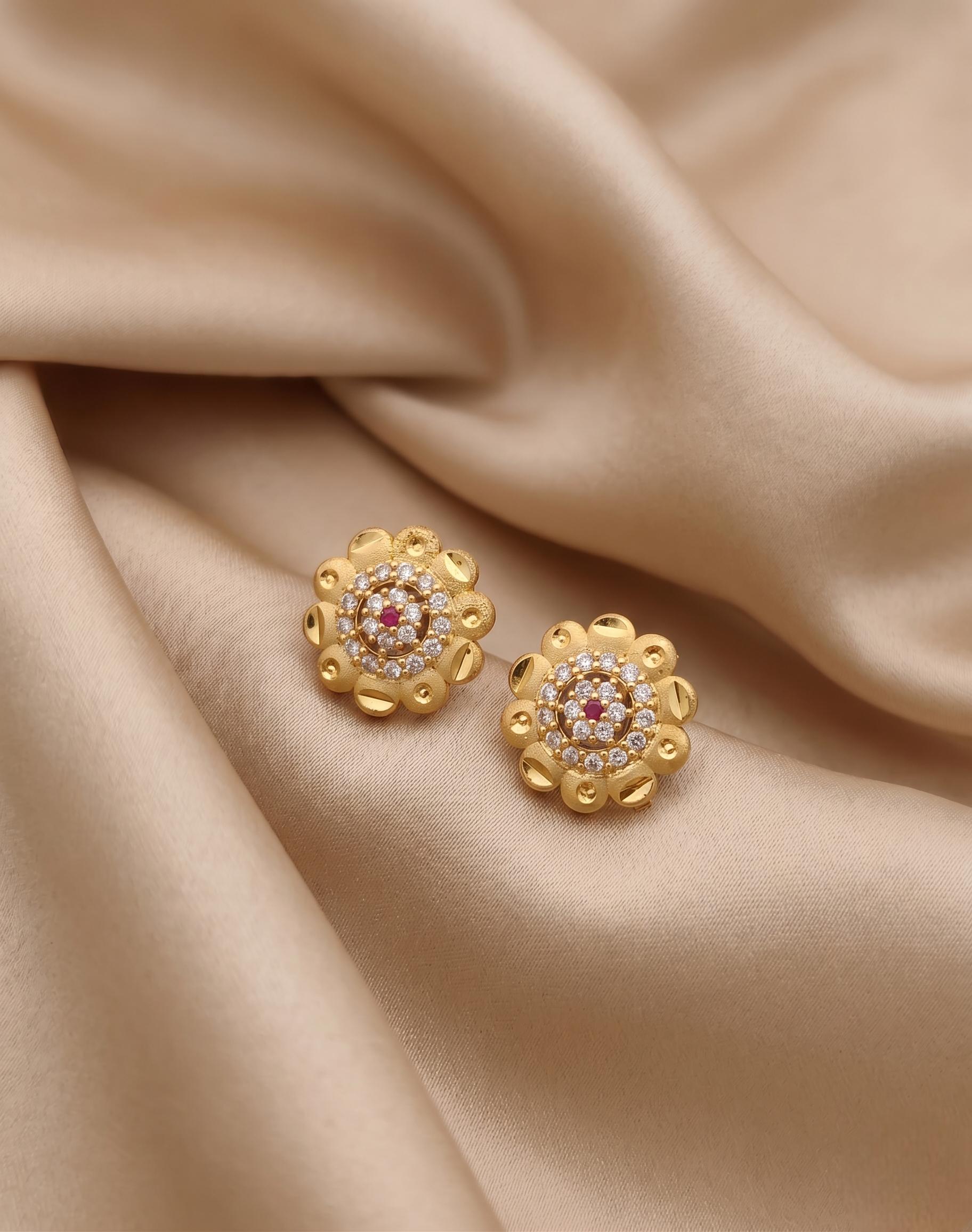 Luxury 22kt Gold Plated Daisy Floral Stud Earrings with Ruby and CZ Crystal Clusters | VIHAL ORNAMENTS