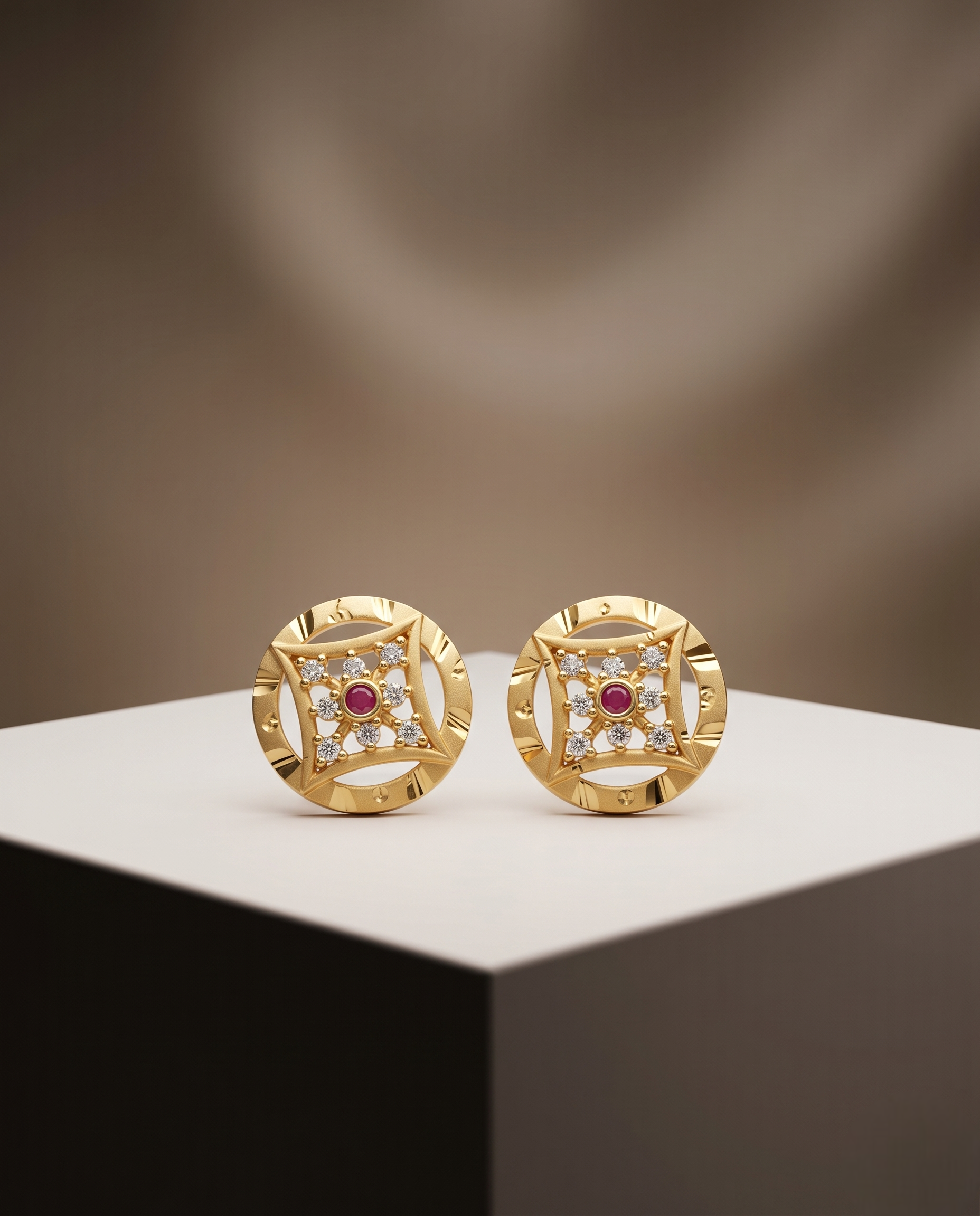 Sophisticated 22kt Gold Plated Geometric Wheel Stud Earrings with Ruby and CZ Accents | VIHAL ORNAMENTS
