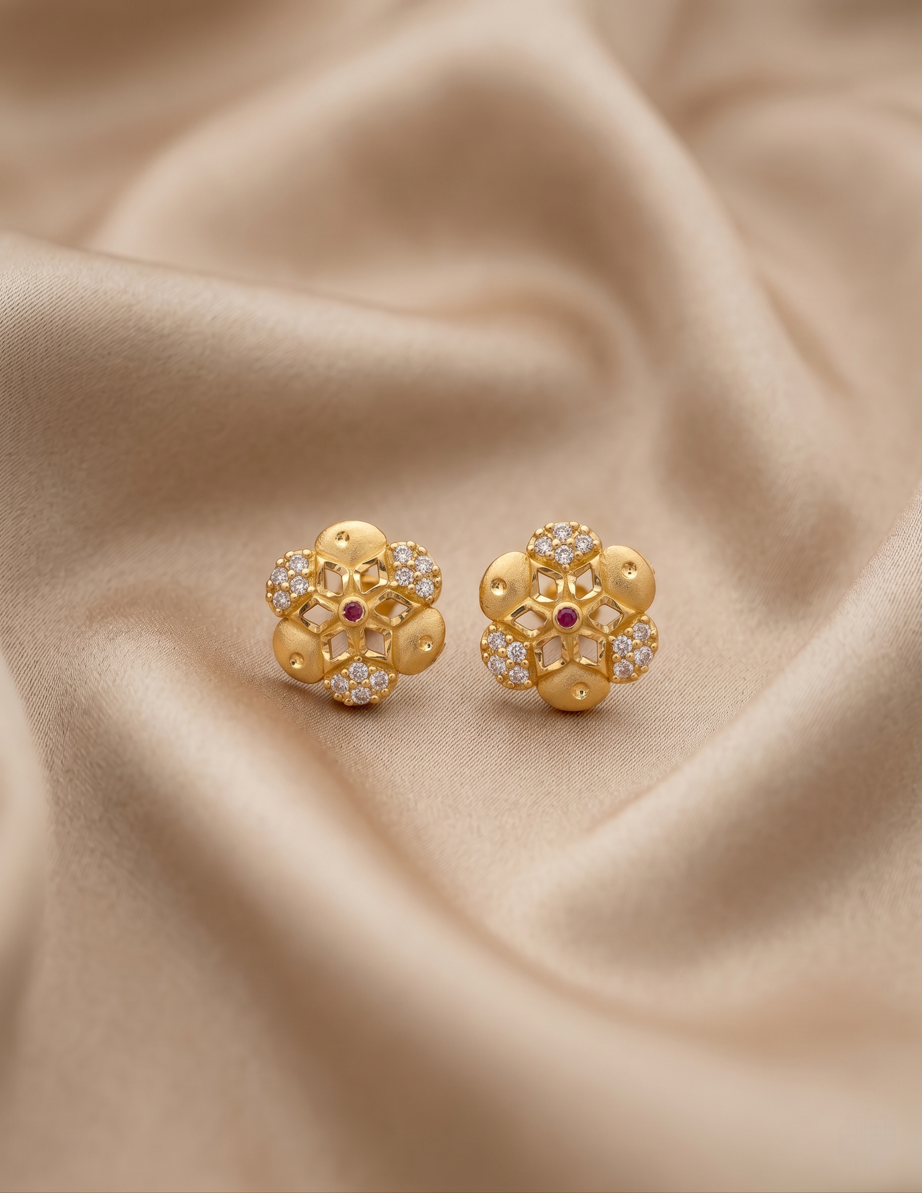Exquisite 22kt Gold Plated Floral Stud Earrings with Ruby and Zirconia Accents | VIHAL ORNAMENTS