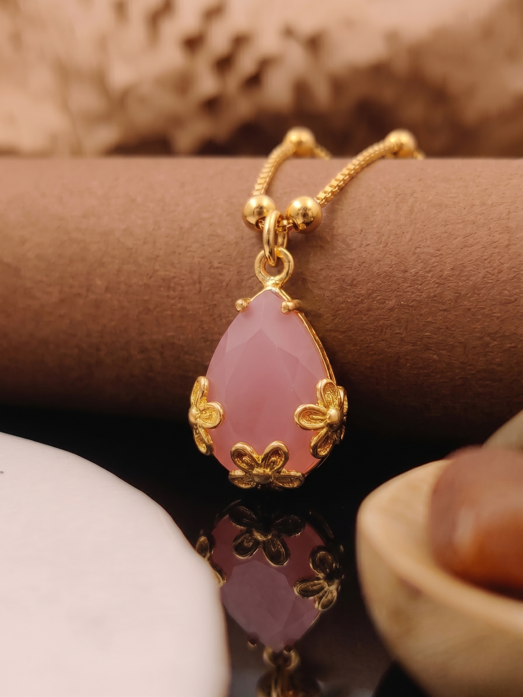Vihal Ornaments Elegant Ruby Pink Crystal Pendant Necklace Set with Matching Drop Earrings