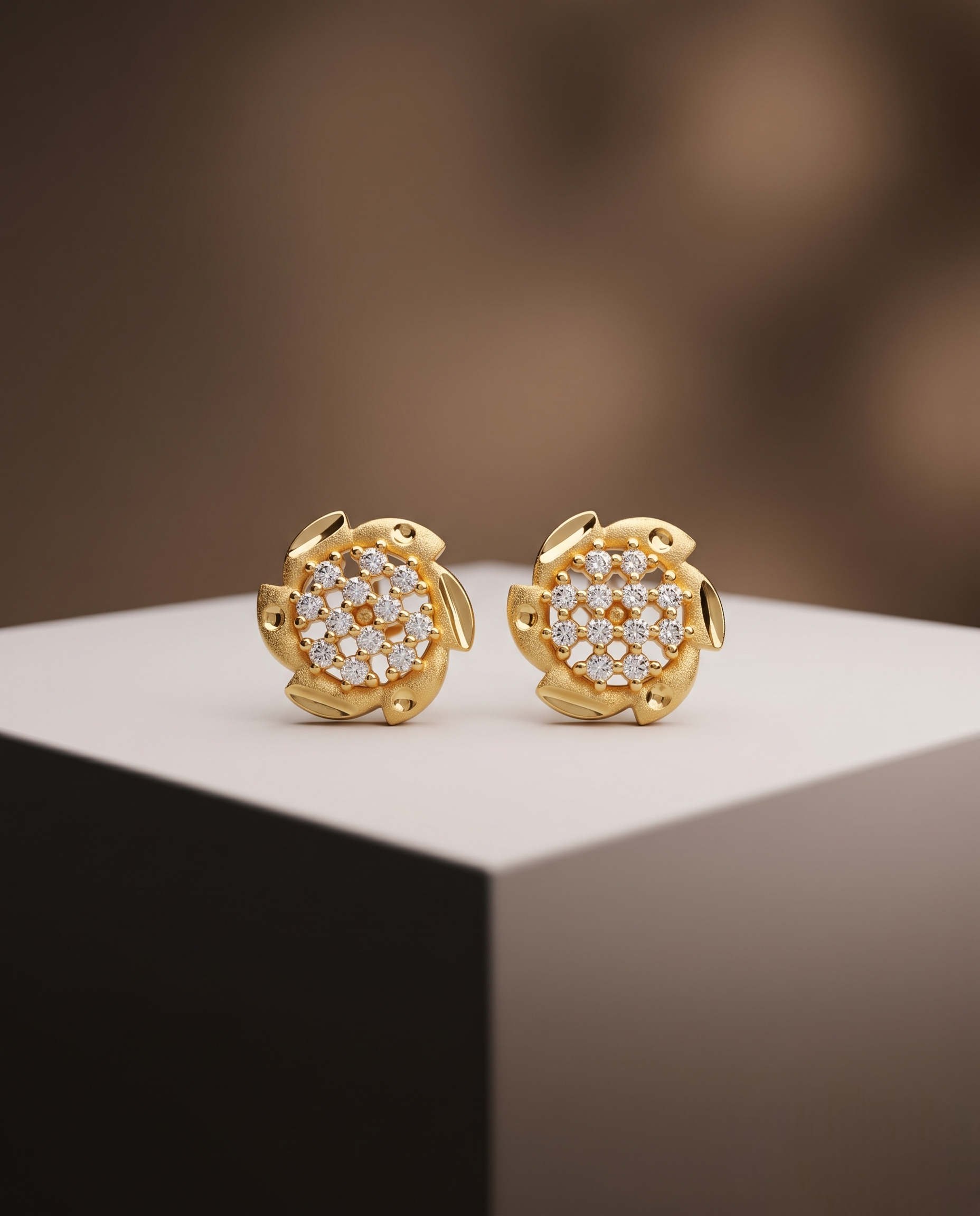 Elegant 22kt Gold Plated Floral Stud Earrings with Sparkling Zirconia Crystals | VIHAL ORNAMENTS
