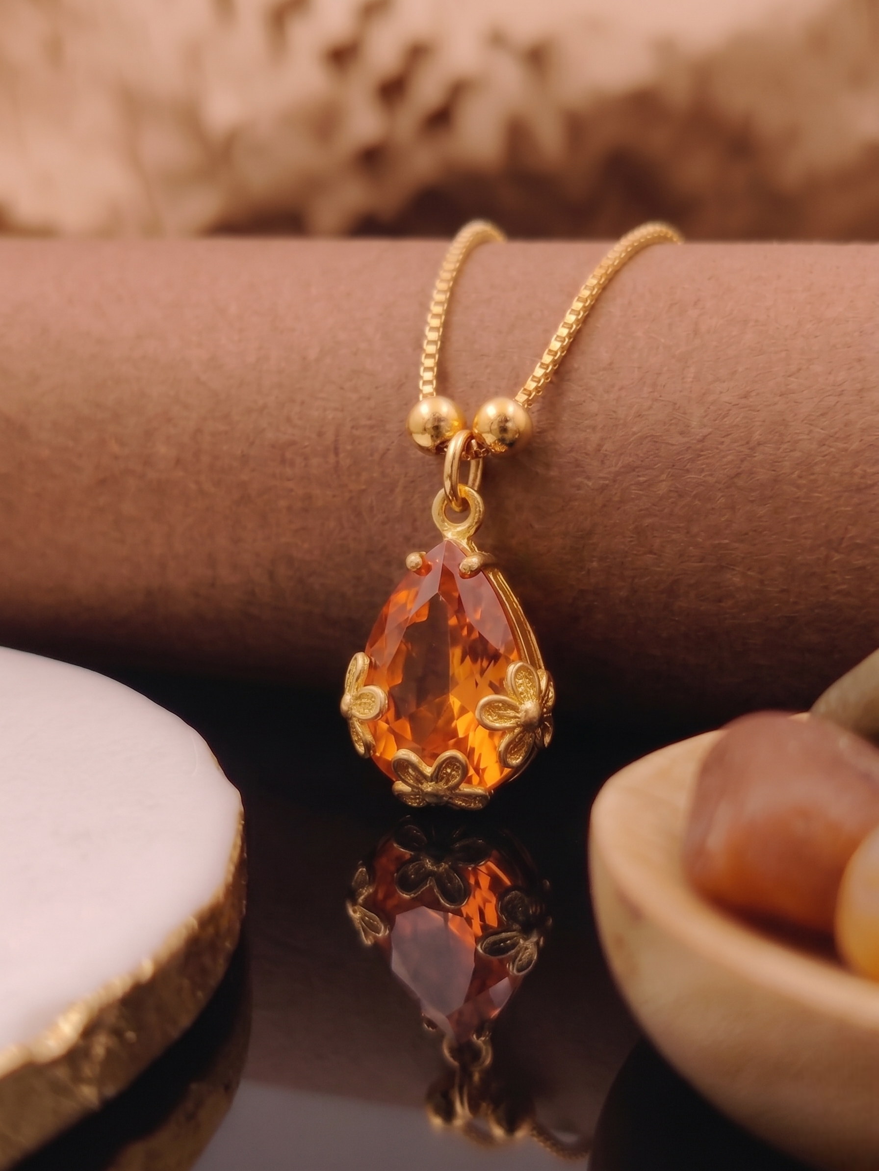 Vihal Ornaments Elegant Ruby Orange Crystal Pendant Necklace Set with Matching Drop Earrings