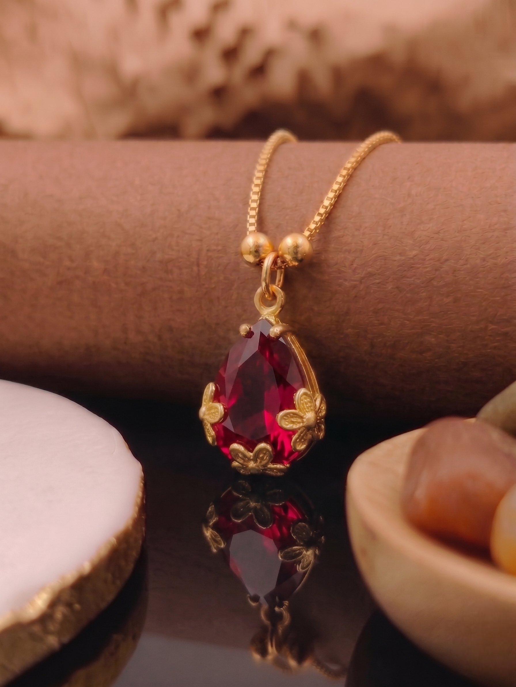 Vihal Ornaments Elegant Ruby Red Crystal Pendant Necklace Set with Matching Drop Earrings