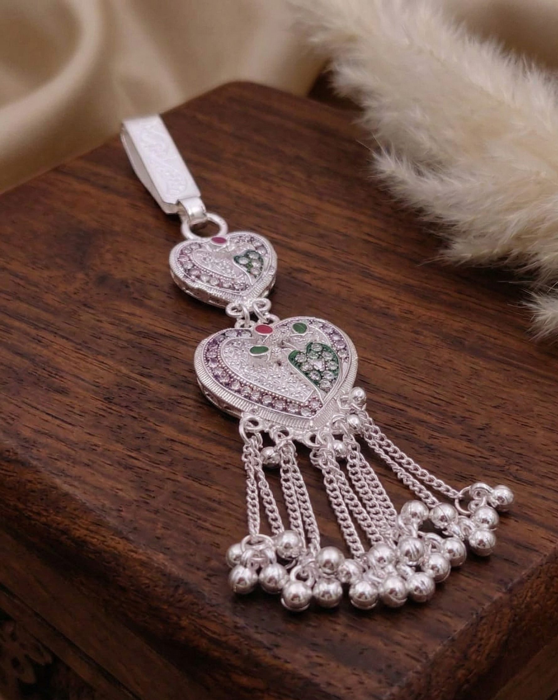 Ornate Silver-Plated Heart-Shaped Challa (Saree Waist Keychain)