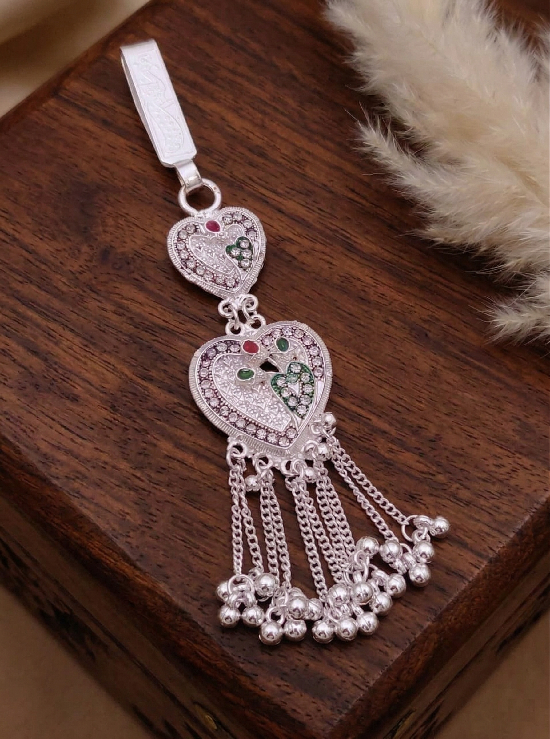 Ornate Silver-Plated Heart-Shaped Challa (Saree Waist Keychain)