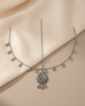 Oxidised Silver Boho Mathapatti with Coin Charms and Textured Pendant