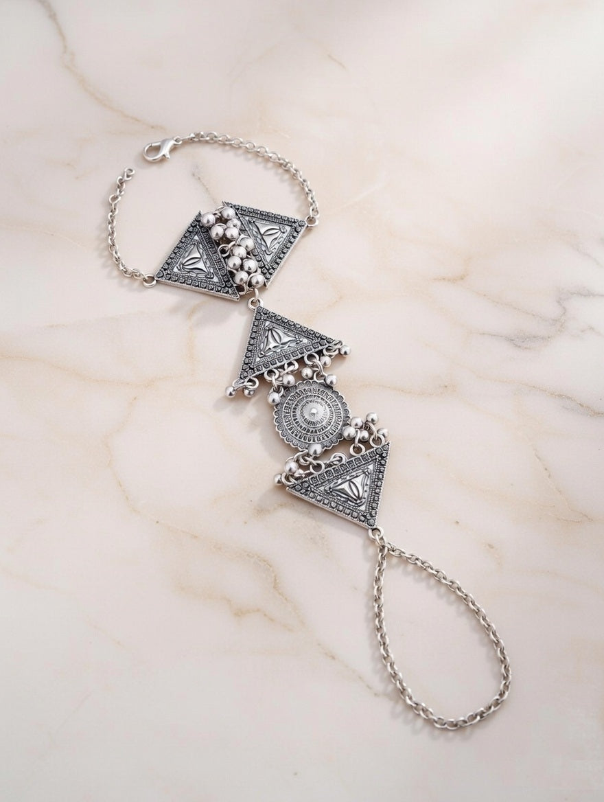 Oxidised Silver Boho Tribal Hathphool | Ethnic Geometric Hand Harness with Ghungroo Accents