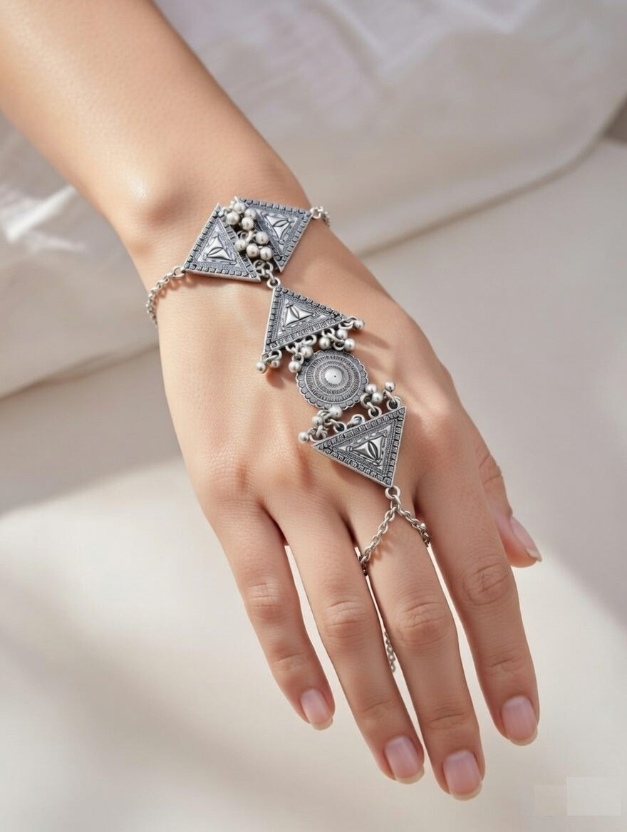 Oxidised Silver Boho Tribal Hathphool | Ethnic Geometric Hand Harness with Ghungroo Accents