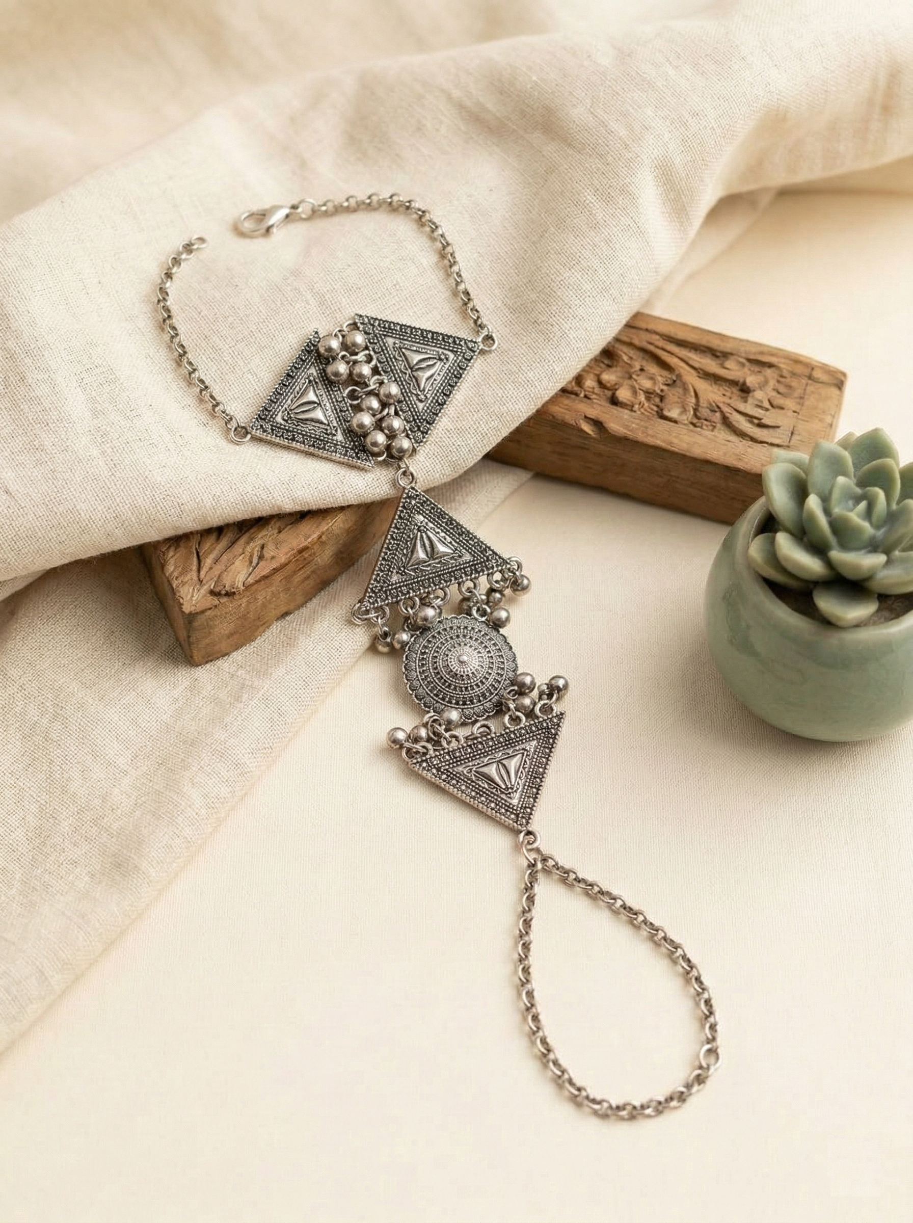 Oxidised Silver Boho Tribal Hathphool | Ethnic Geometric Hand Harness with Ghungroo Accents