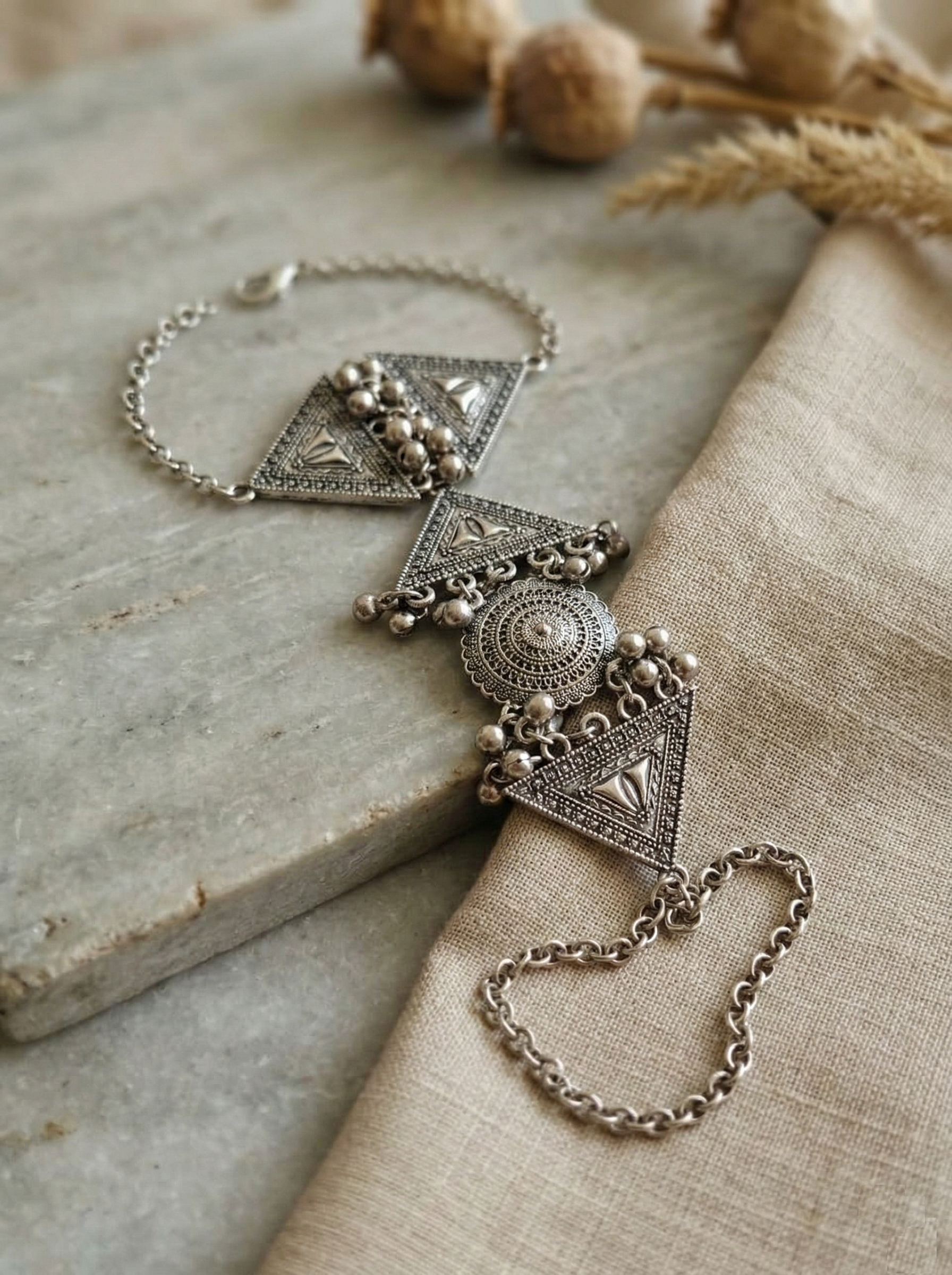 Oxidised Silver Boho Tribal Hathphool | Ethnic Geometric Hand Harness with Ghungroo Accents