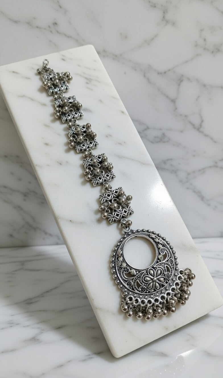 Oxidised Silver Floral Maang Tikka with Ghungroo Hangings Ethnic Tribal Style