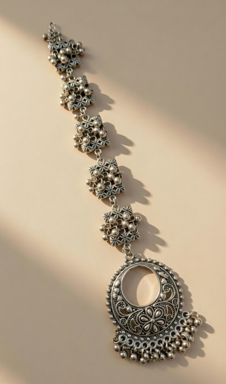 Oxidised Silver Floral Maang Tikka with Ghungroo Hangings Ethnic Tribal Style