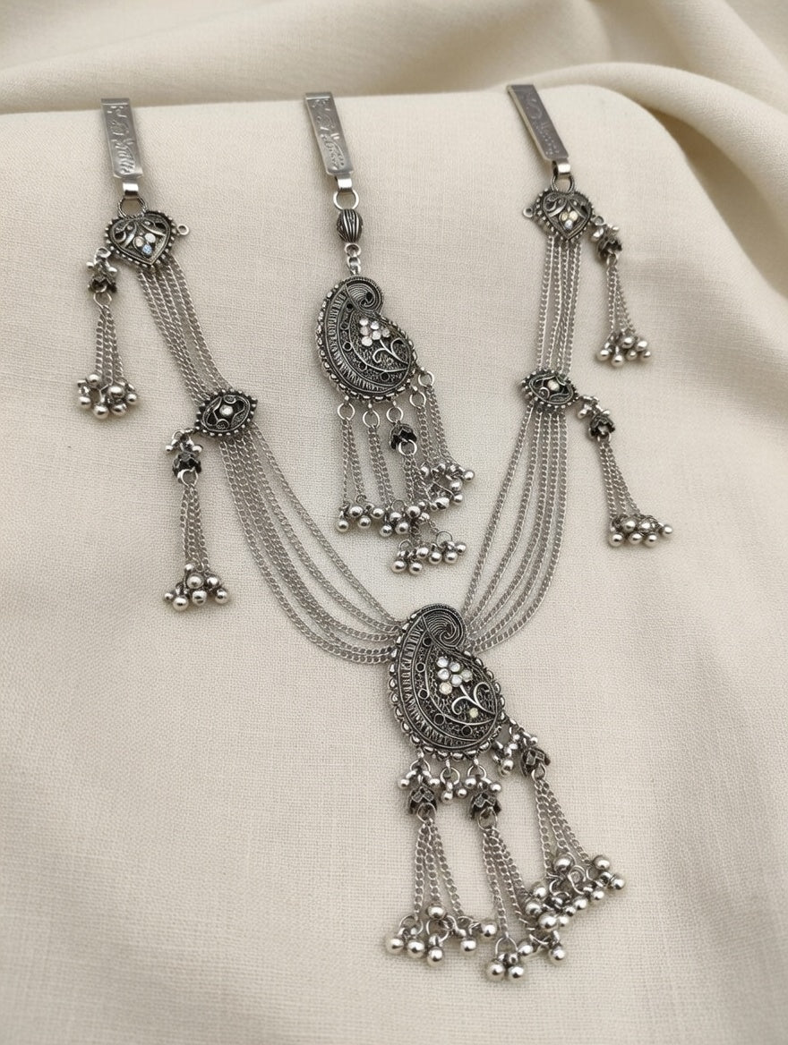 Oxidised Silver Plated Traditional Paisley Design Waist Belt with Ghungroo Hangings