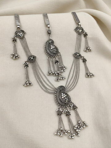 Oxidised Silver Plated Traditional Paisley Design Waist Belt with Ghungroo Hangings