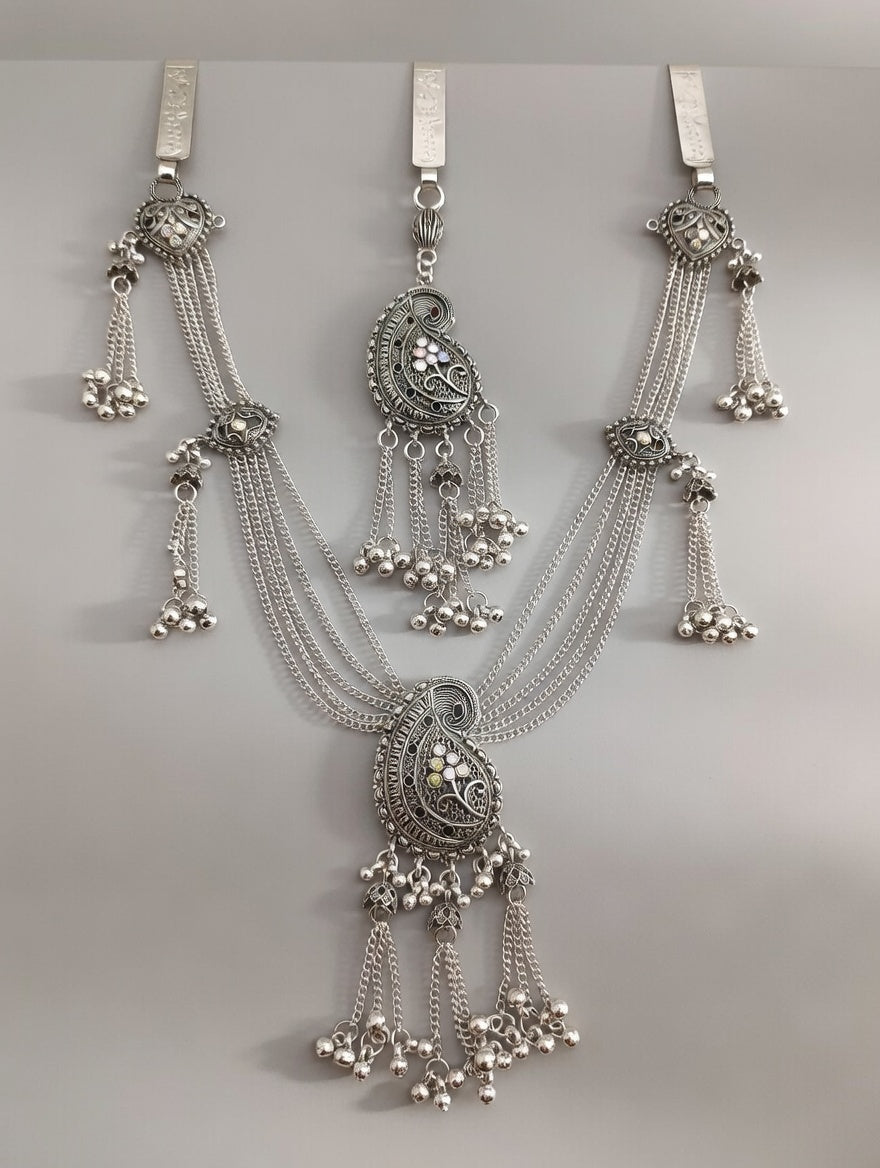Oxidised Silver Plated Traditional Paisley Design Waist Belt with Ghungroo Hangings