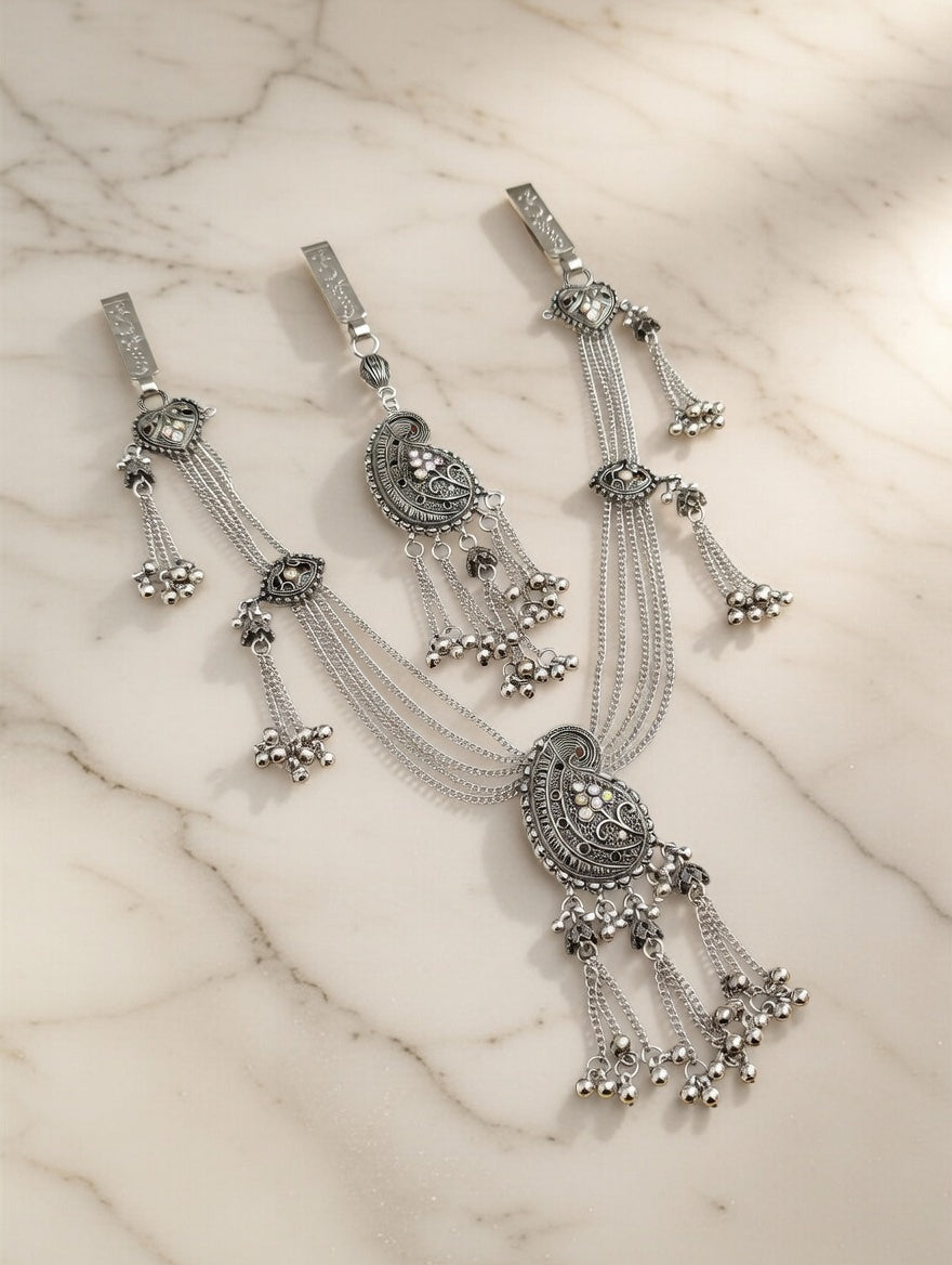 Oxidised Silver Plated Traditional Paisley Design Waist Belt with Ghungroo Hangings