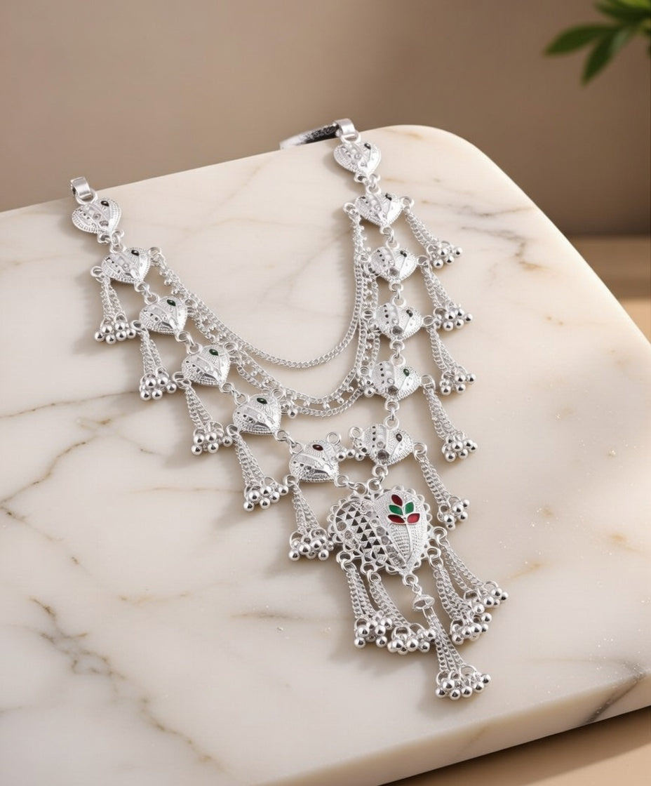 Oxidised Silver Traditional Kamarband Ethnic Layered Waist Chain with Ghungroo & Enamel Details