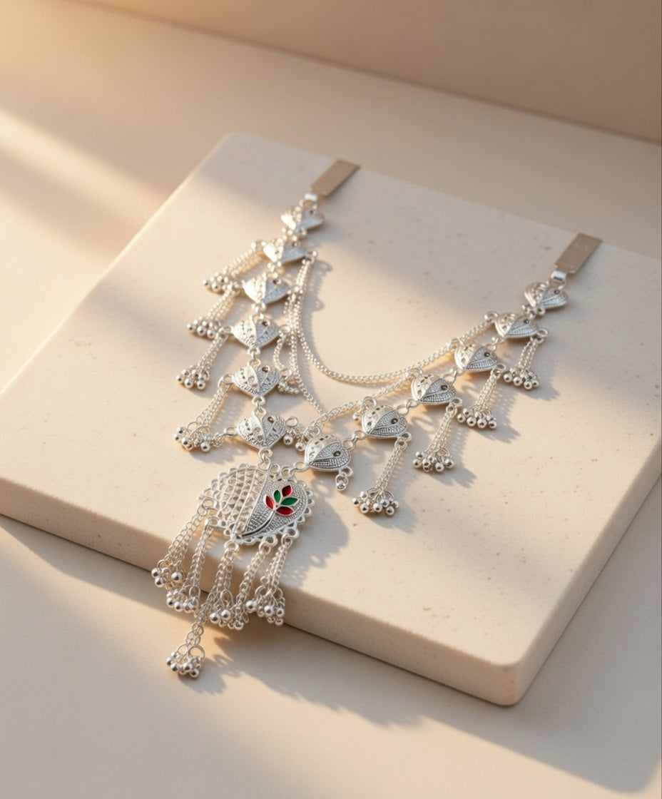 Oxidised Silver Traditional Kamarband Ethnic Layered Waist Chain with Ghungroo & Enamel Details