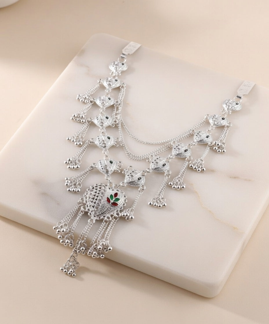 Oxidised Silver Traditional Kamarband Ethnic Layered Waist Chain with Ghungroo & Enamel Details