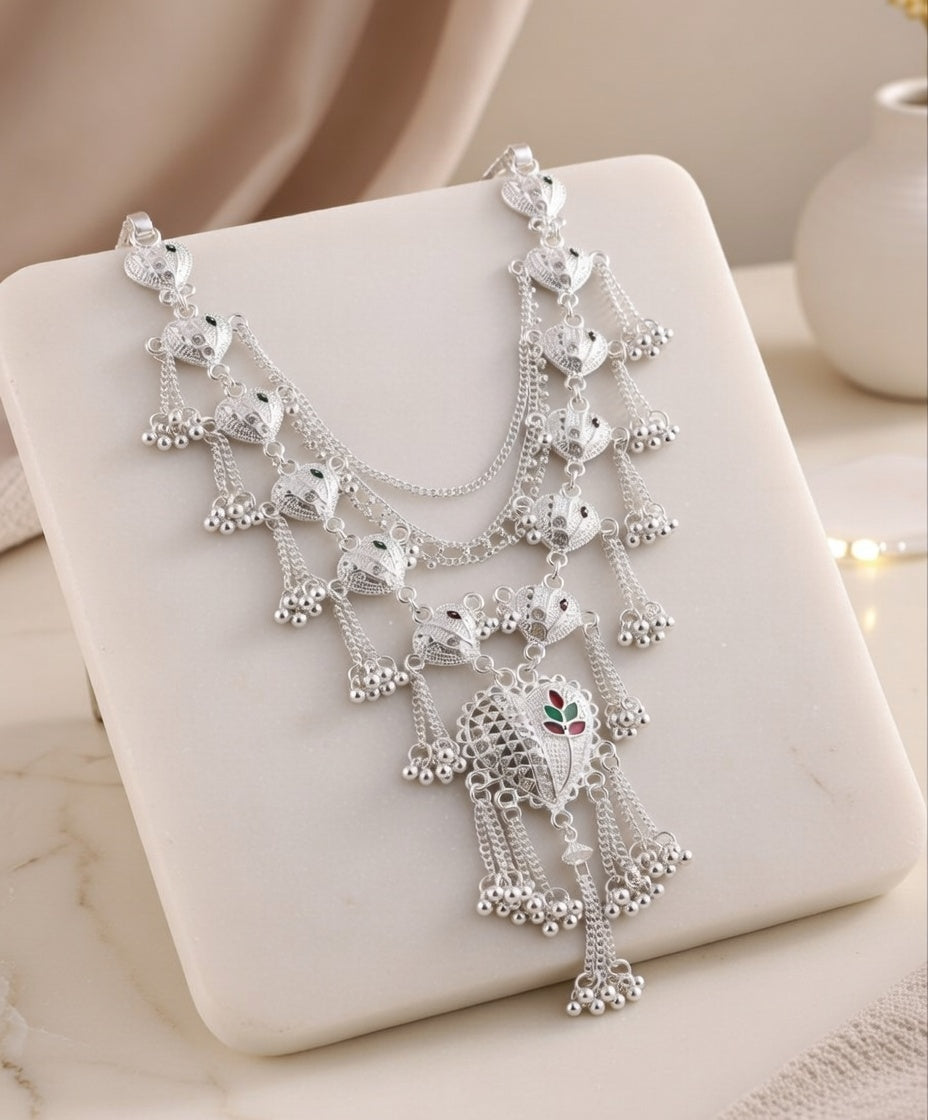 Oxidised Silver Traditional Kamarband Ethnic Layered Waist Chain with Ghungroo & Enamel Details