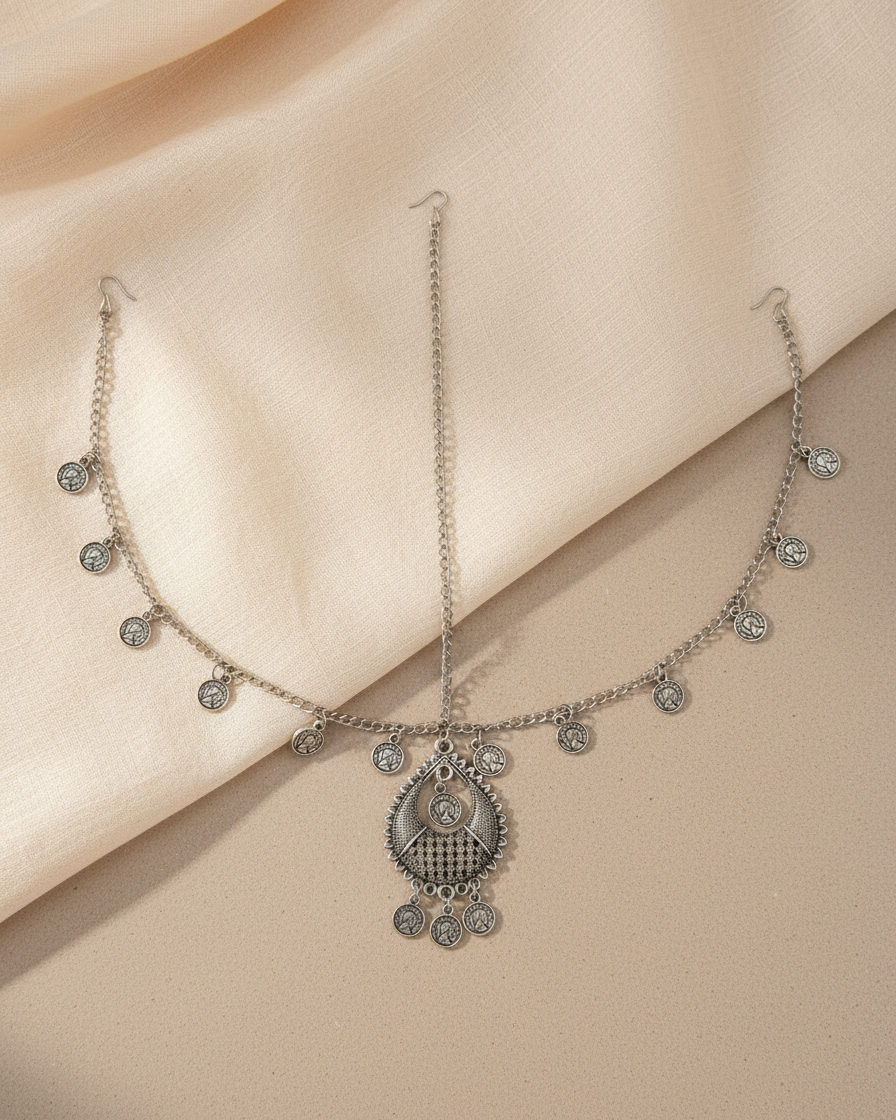 Oxidized Silver Bohemian Matha Patti with Coin Charms and Teardrop Pendant