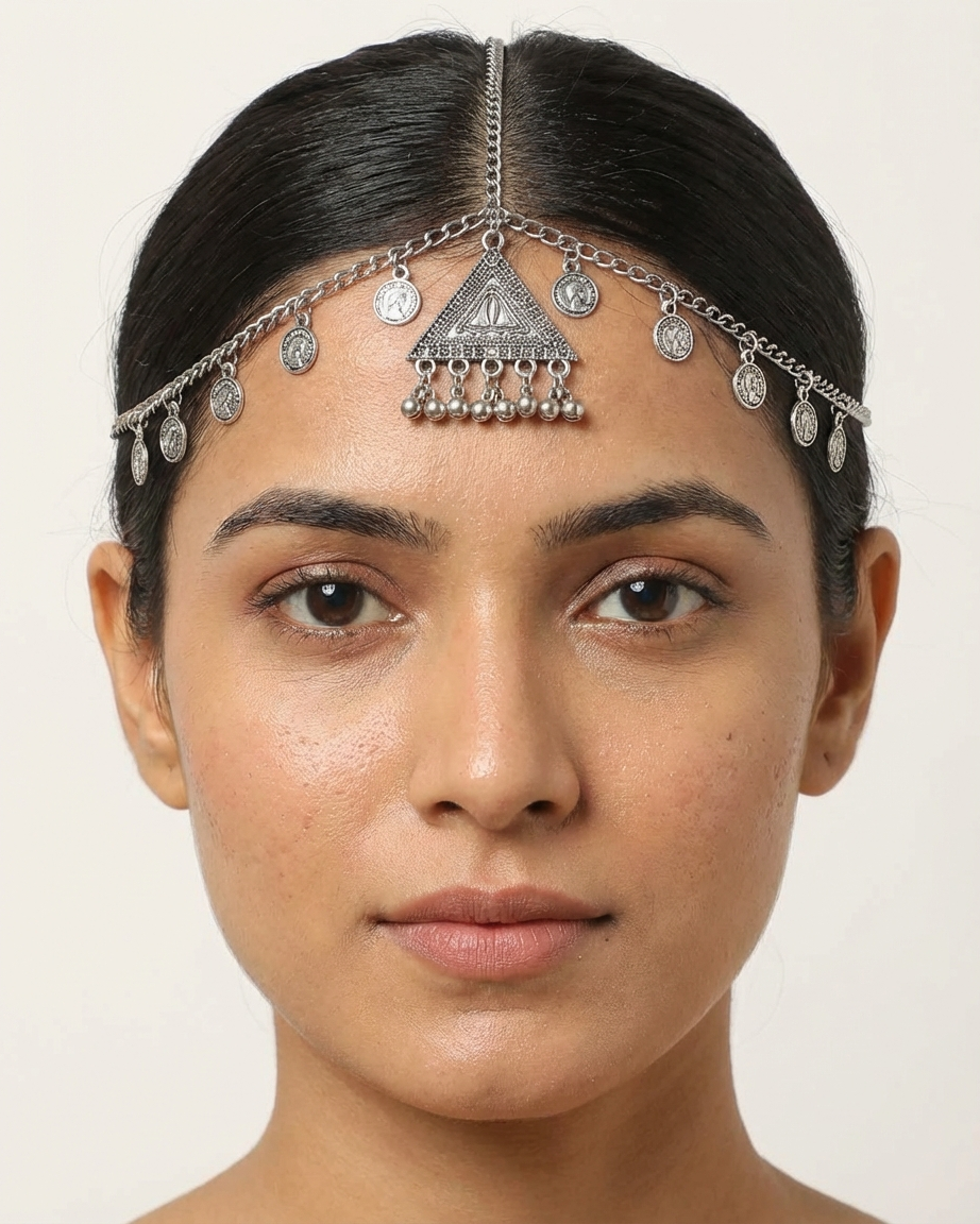 Oxidized Silver Coin Mathapatti Traditional Style Damini with Triangular Pendant