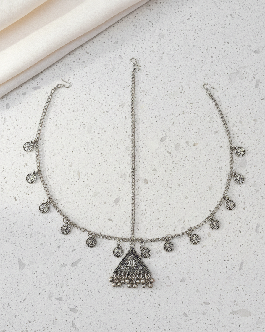 Oxidized Silver Coin Mathapatti Traditional Style Damini with Triangular Pendant
