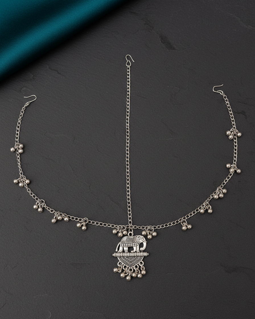 Oxidized Silver Elephant Motif Matha Patti with Ghungroo Droplets