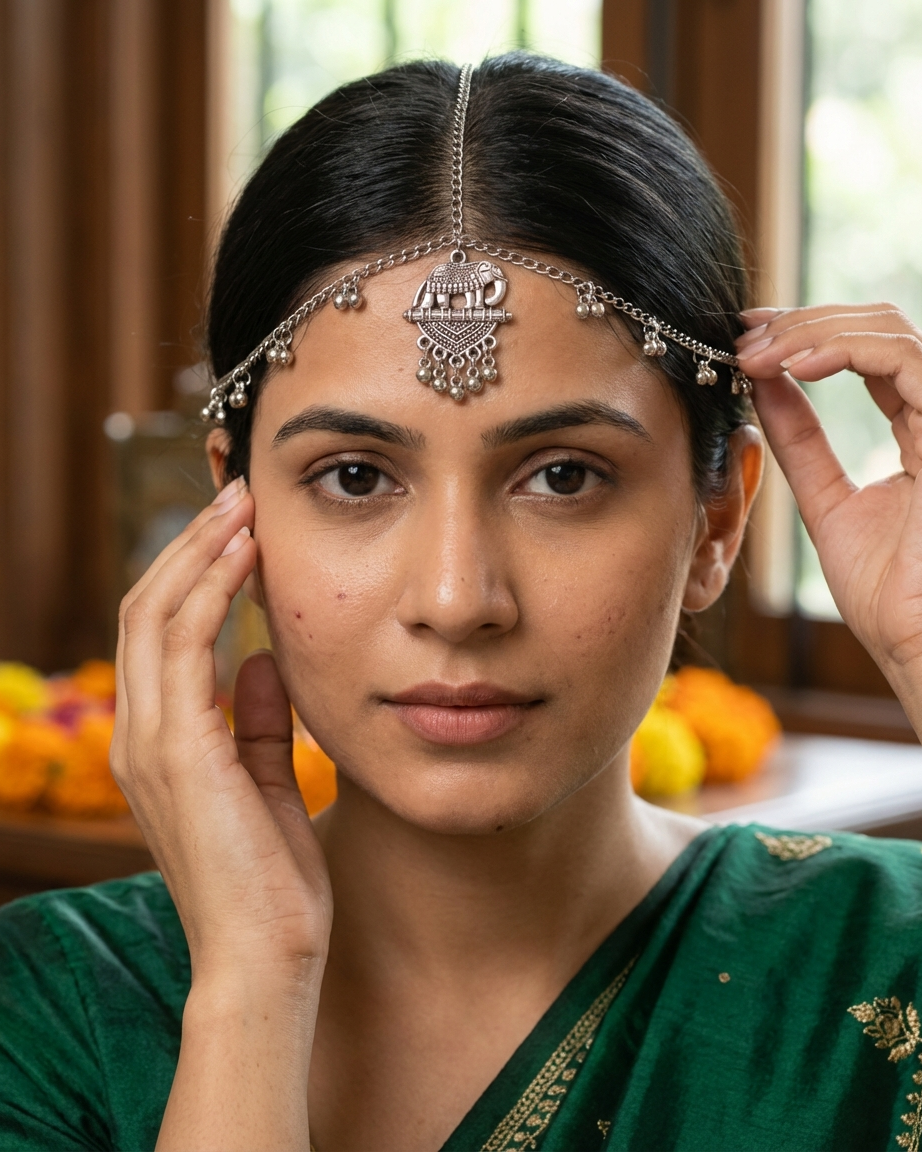 Oxidized Silver Elephant Motif Matha Patti with Ghungroo Droplets