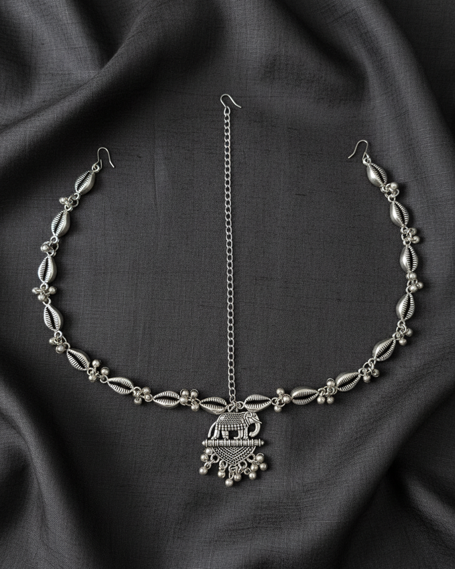 Oxidized Silver Elephant Motif Matha Patti with Shell-Inspired Detailing