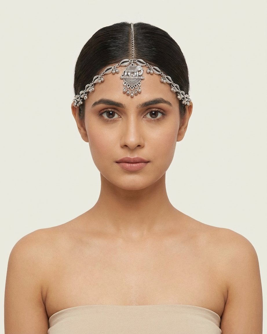 Oxidized Silver Elephant Motif Matha Patti with Shell-Inspired Detailing